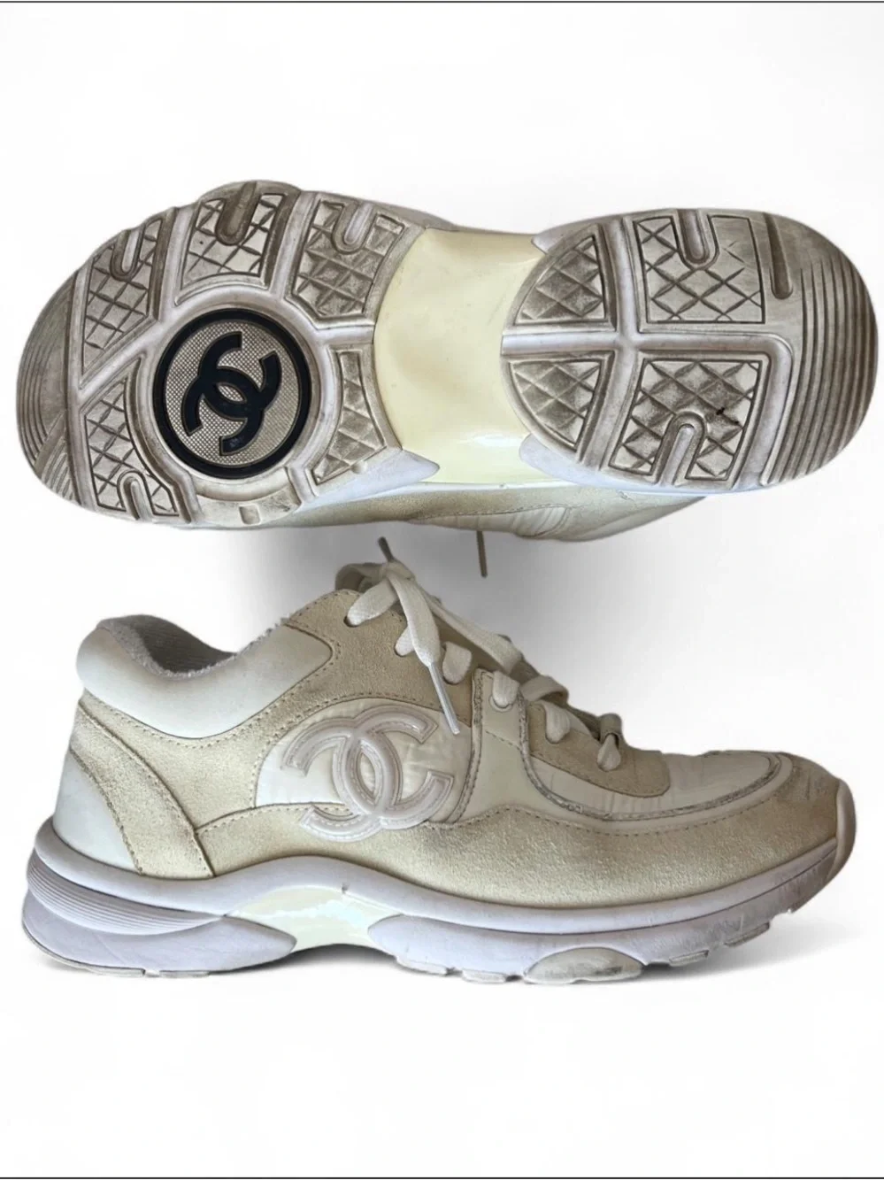 CHANEL White CC Logo Suede Leather Running Classic Sneakers    W G34360 38 1/2